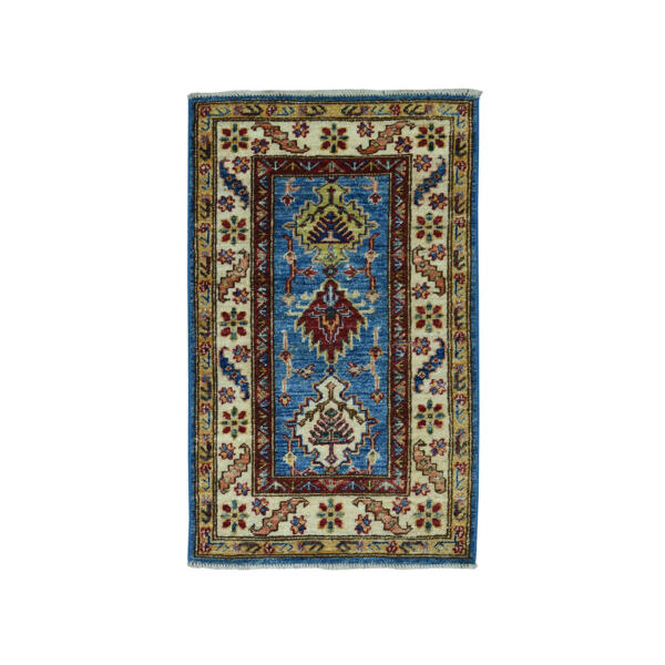 2'x3'6" Blue Super Kazak Pure Wool Geometric Design Hand-Knotted Oriental Rug  - 50915