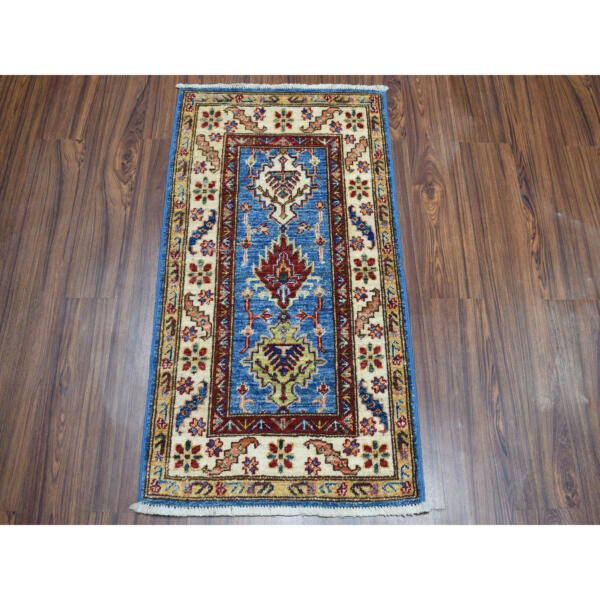 2'x3'6" Blue Super Kazak Pure Wool Geometric Design Hand-Knotted Oriental Rug  - 50915 - Image 3