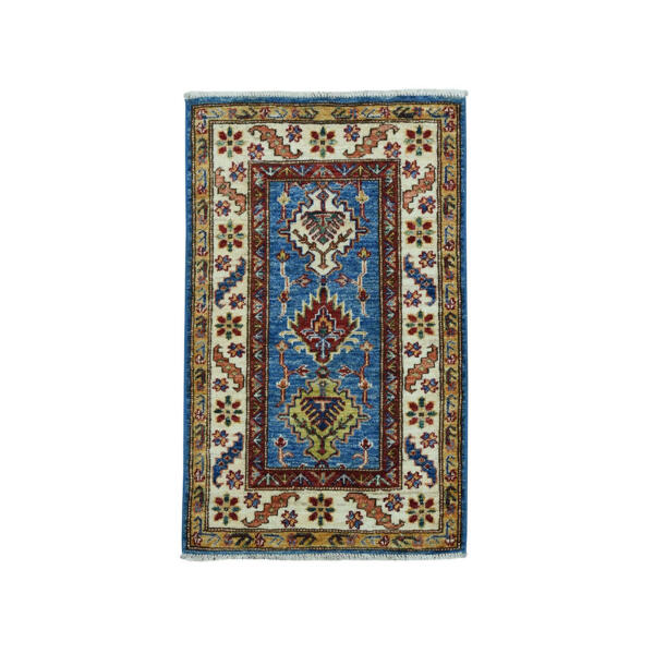 2'x3'1" Blue Super Kazak Geometric Design Pure Wool Hand-Knotted Oriental Rug  - 51027