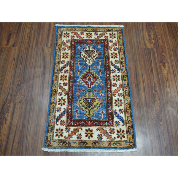 2'x3'1" Blue Super Kazak Geometric Design Pure Wool Hand-Knotted Oriental Rug  - 51027 - Image 3