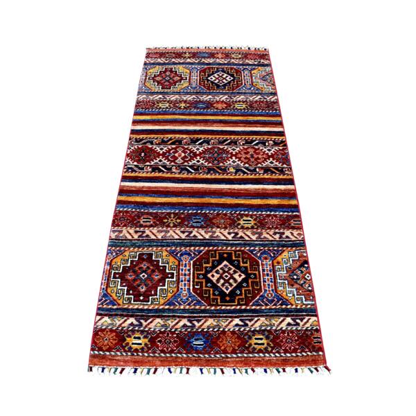 2'7"x6'7" Red Khorjin Design Runner Super Kazak Geometric Hand Knotted Pure Wool Oriental Rug  - 52905