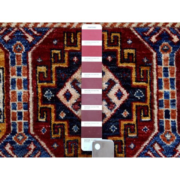 2'7"x6'7" Red Khorjin Design Runner Super Kazak Geometric Hand Knotted Pure Wool Oriental Rug  - 52905 - Image 4