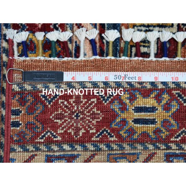 2'7"x6'7" Red Khorjin Design Runner Super Kazak Geometric Hand Knotted Pure Wool Oriental Rug  - 52905 - Image 7