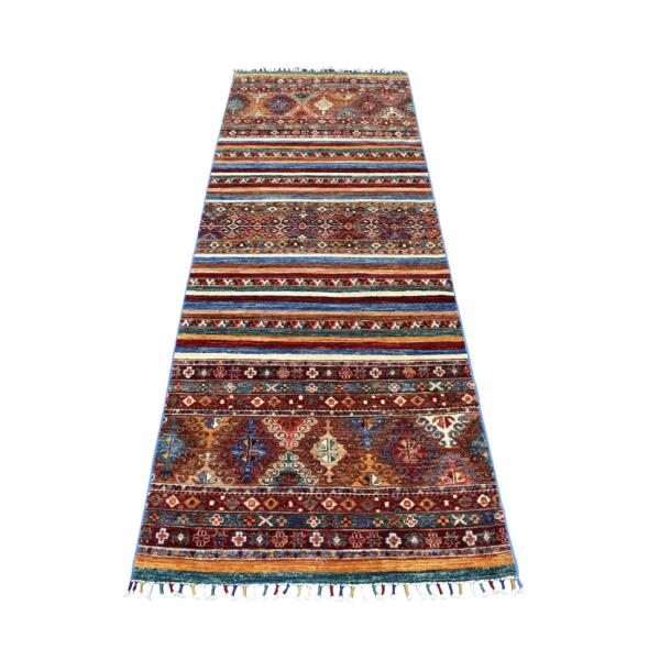 3'x8' Red Khorjin Design Runner Super Kazak Geometric Pure Wool Hand Knotted Oriental Rug  - 52940