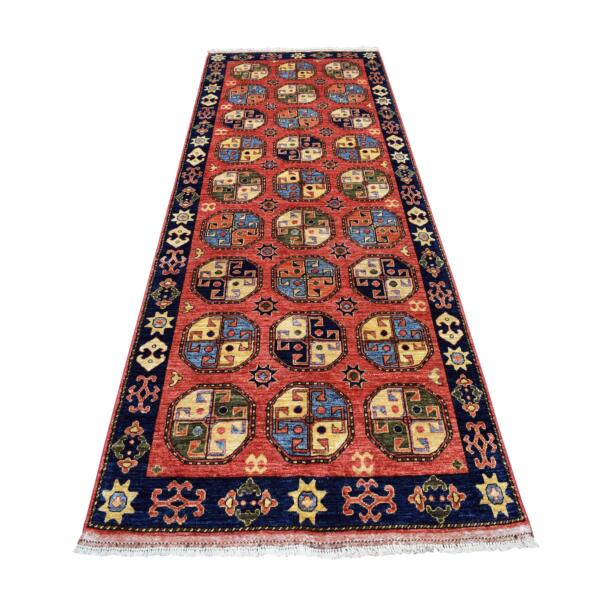 4'x10'2" Red Afghan Turkoman Ersari Wide Runner Tekke Design Hand Knotted Pure Wool Oriental Rug  - 53126