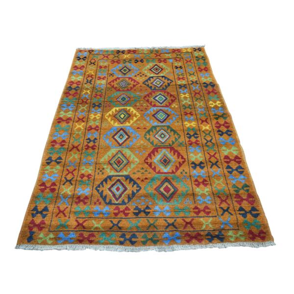 4'3"x6' Orange Colorful Afghan Baluch Tribal Design Hand Knotted Pure Wool Oriental Rug  - 53317