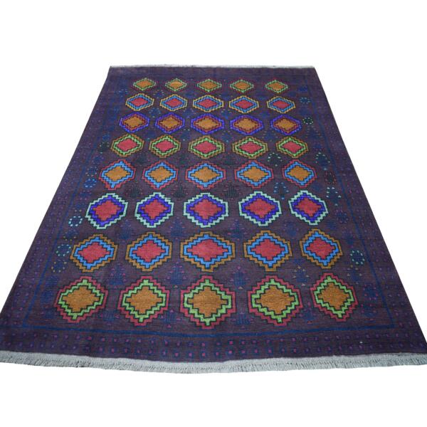 5'10"x7'8" Purple Geometric Design Colorful Afghan Baluch Hand Knotted Pure Wool Oriental Rug  - 53343