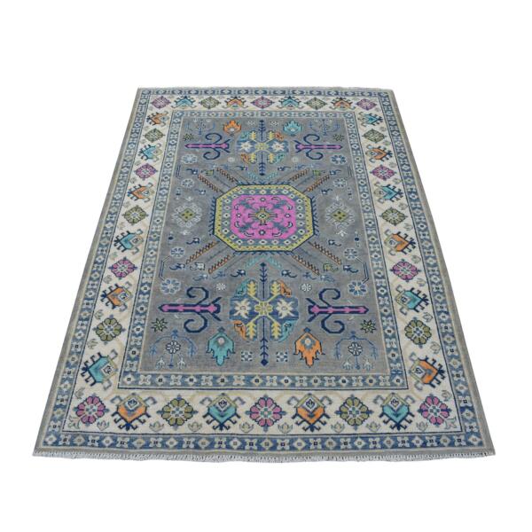 4'2"x5'10" Colorful Gray Fusion Kazak Pure Wool Geometric Design Hand Knotted Oriental Rug  - 53806