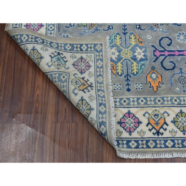 4'2"x5'10" Colorful Gray Fusion Kazak Pure Wool Geometric Design Hand Knotted Oriental Rug  - 53806 - Image 3