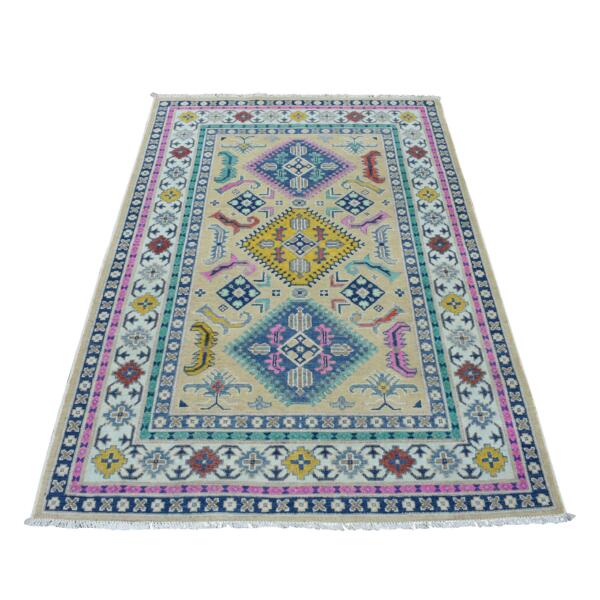 4'1"x6'1" Colorful Beige Fusion Kazak Pure Wool Hand Knotted Oriental Rug  - 54153