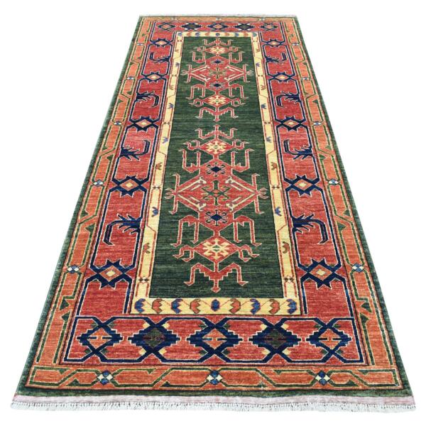 4'x9'8" Green Afghan Turkoman Ersari Geometric Design Organic Wool Hand Knotted Oriental Wide Runner Rug  - 56785