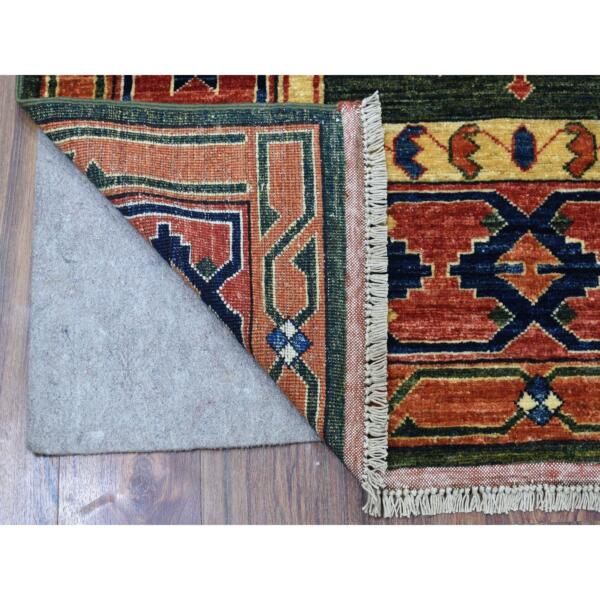 4'x9'8" Green Afghan Turkoman Ersari Geometric Design Organic Wool Hand Knotted Oriental Wide Runner Rug  - 56785 - Image 3