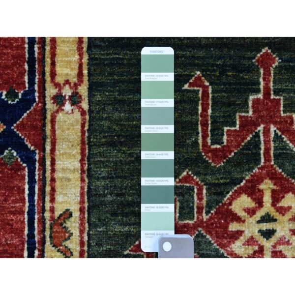 4'x9'8" Green Afghan Turkoman Ersari Geometric Design Organic Wool Hand Knotted Oriental Wide Runner Rug  - 56785 - Image 4