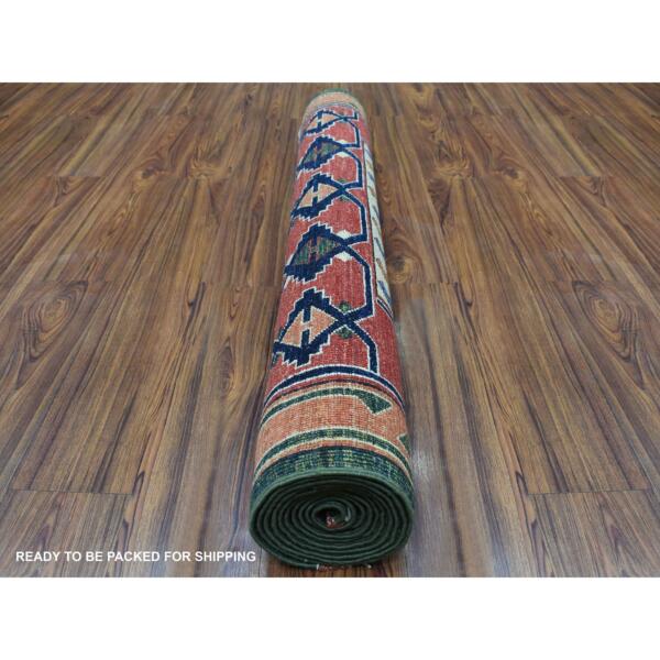 4'x9'8" Green Afghan Turkoman Ersari Geometric Design Organic Wool Hand Knotted Oriental Wide Runner Rug  - 56785 - Image 5