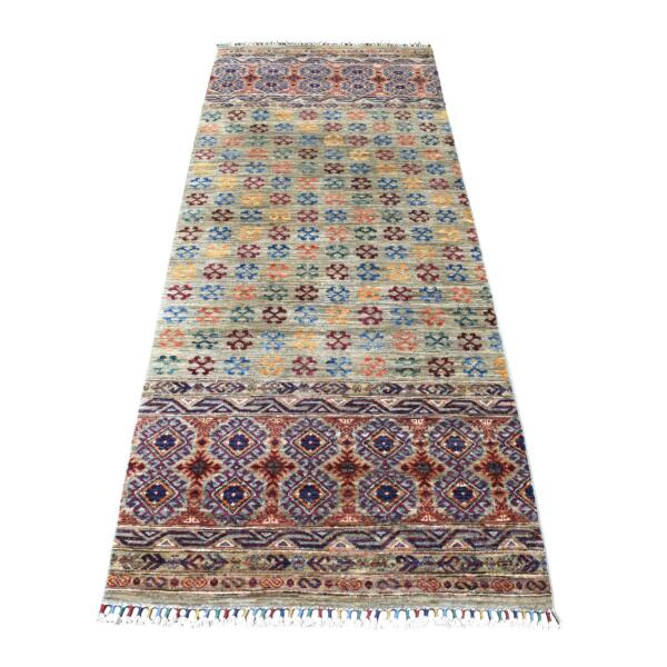 3'x7'7" Gray With Colorful Tassles Super Kazak Khorjin Design Hand Knotted Organic Wool Oriental Runner Rug  - 56808