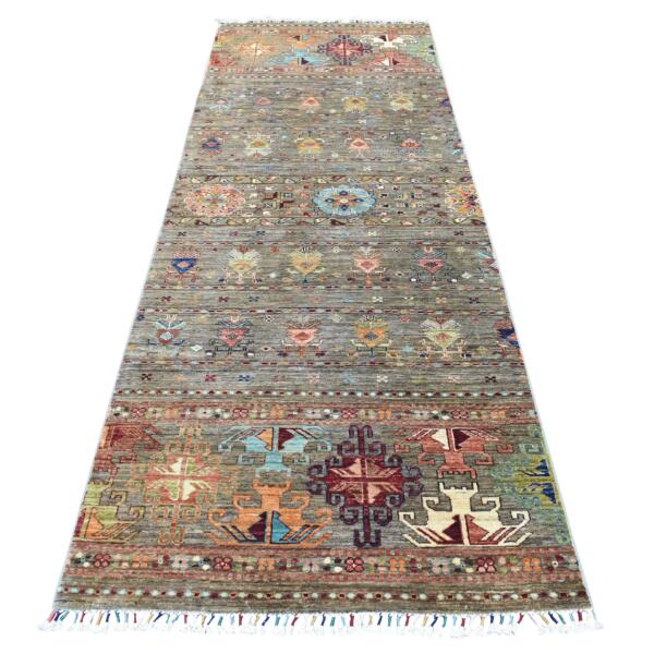 3'5"x10' Gray With Colorful Tassles Hand Knotted Super Kazak Khorjin Design Pure Wool Oriental Runner Rug  - 56819