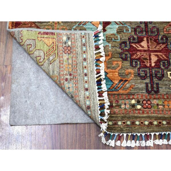 3'5"x10' Gray With Colorful Tassles Hand Knotted Super Kazak Khorjin Design Pure Wool Oriental Runner Rug  - 56819 - Image 3