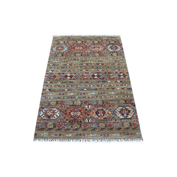 3'2"x4'9" Taupe With Colorful Tassles Hand Knotted Super Kazak Khorjin Design Pure Wool Oriental Rug  - 56824