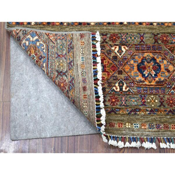 3'2"x4'9" Taupe With Colorful Tassles Hand Knotted Super Kazak Khorjin Design Pure Wool Oriental Rug  - 56824 - Image 3