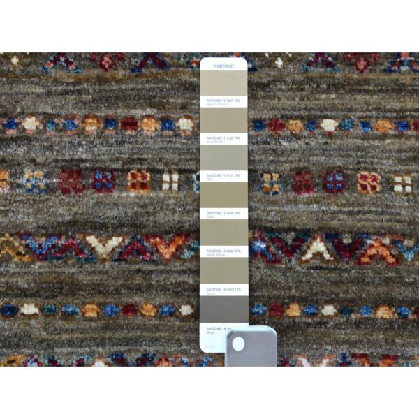 3'2"x4'9" Taupe With Colorful Tassles Hand Knotted Super Kazak Khorjin Design Pure Wool Oriental Rug  - 56824 - Image 4