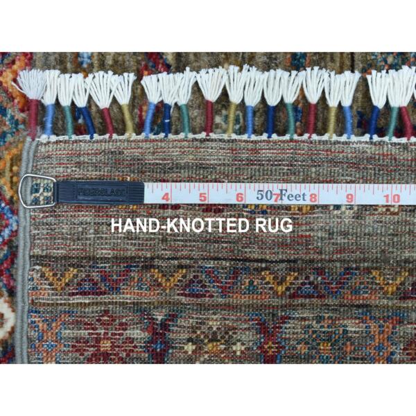 3'2"x4'9" Taupe With Colorful Tassles Hand Knotted Super Kazak Khorjin Design Pure Wool Oriental Rug  - 56824 - Image 7