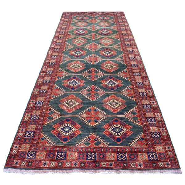 4'10"x12'9" Teal Afghan Ersari With Geometric Design Hand Knotted Pure Wool Oriental Gallery Wide Size Runner Rug  - 56877