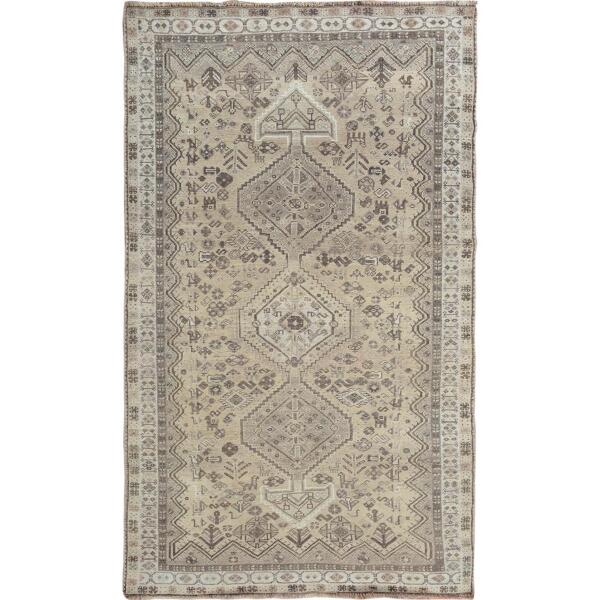 4'10"x7'10"  Earth Tone Colors Old And Worn Down Persian Qashqai Pure Wool Distressed Hand Knotted Oriental Rug  - 57237