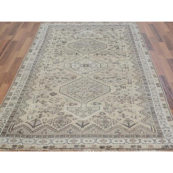 4'10"x7'10"  Earth Tone Colors Old And Worn Down Persian Qashqai Pure Wool Distressed Hand Knotted Oriental Rug  - 57237 - Image 3