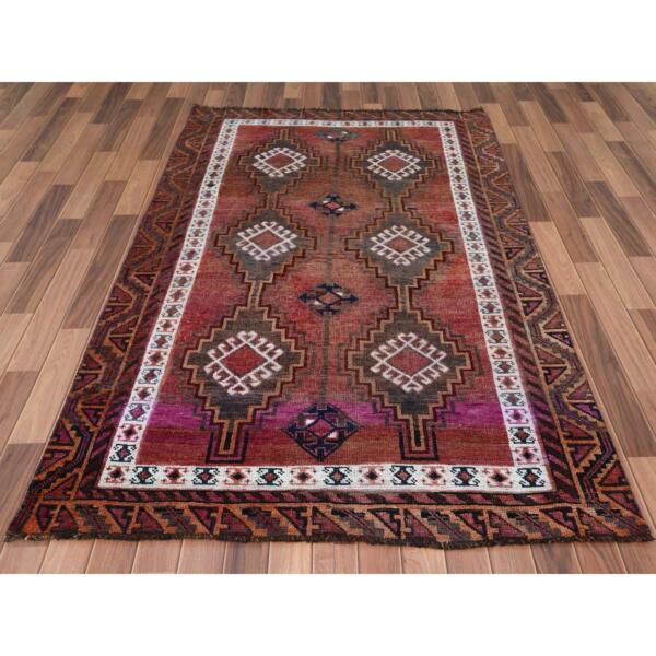 4'6"x7'5" Vintage with Even Wear Persian Shiraz with Purple Abrash Worn Down Distressed Hand Knotted Clean Oriental Rug  - 57756 - Image 3