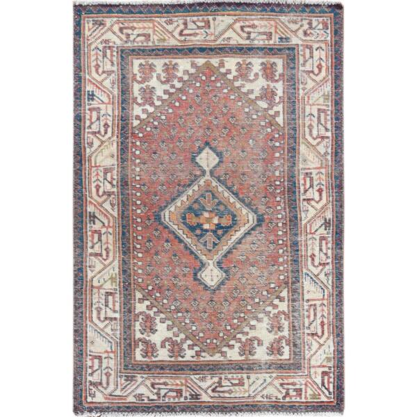 3'4"x5'2" Red Vintage and Cropped Thin Sarouk Mir Hand Knotted Clean Oriental Rug  - 57776