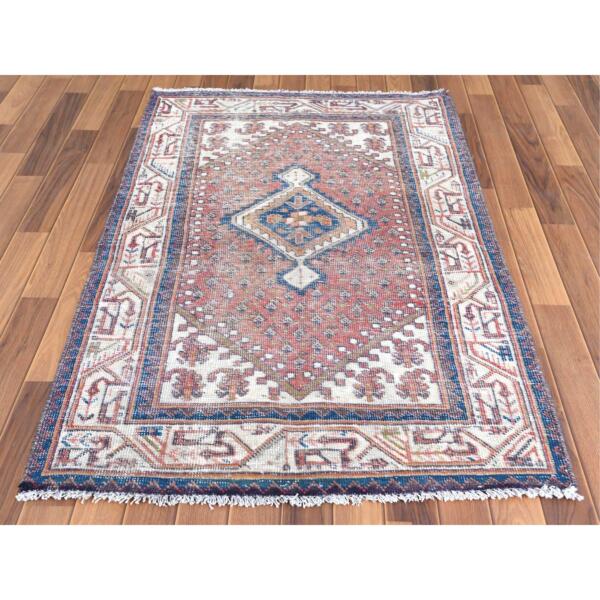 3'4"x5'2" Red Vintage and Cropped Thin Sarouk Mir Hand Knotted Clean Oriental Rug  - 57776 - Image 3