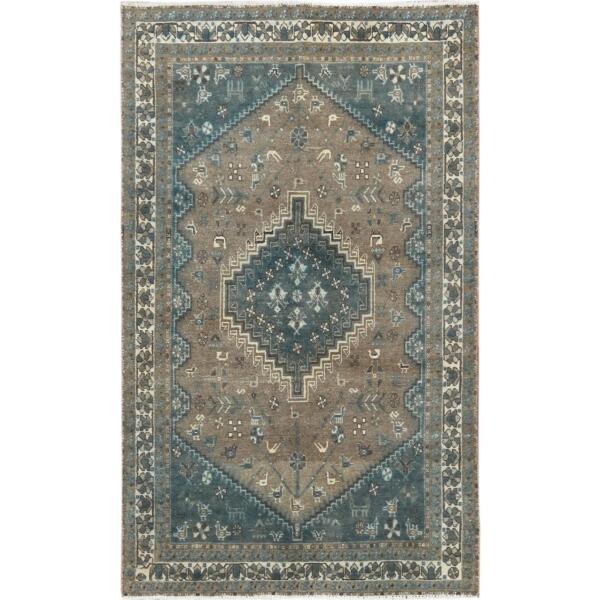 4'3"x6'7" Gray Old Persian Shiraz Cropped Thin Clean Hand Knotted Oriental Rug  - 57816