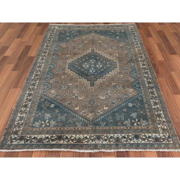 4'3"x6'7" Gray Old Persian Shiraz Cropped Thin Clean Hand Knotted Oriental Rug  - 57816 - Image 3