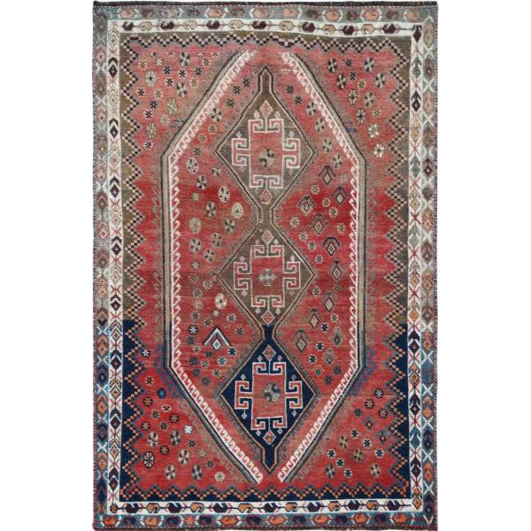 4'5"x6'9" Bohemian Red Old Persian Shiraz Cropped Down Geometric Design Hand Knotted Clean Oriental Rug  - 57829