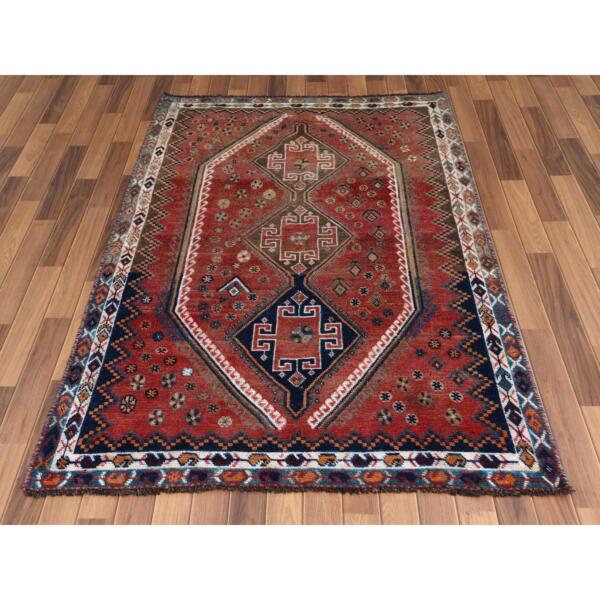 4'5"x6'9" Bohemian Red Old Persian Shiraz Cropped Down Geometric Design Hand Knotted Clean Oriental Rug  - 57829 - Image 3