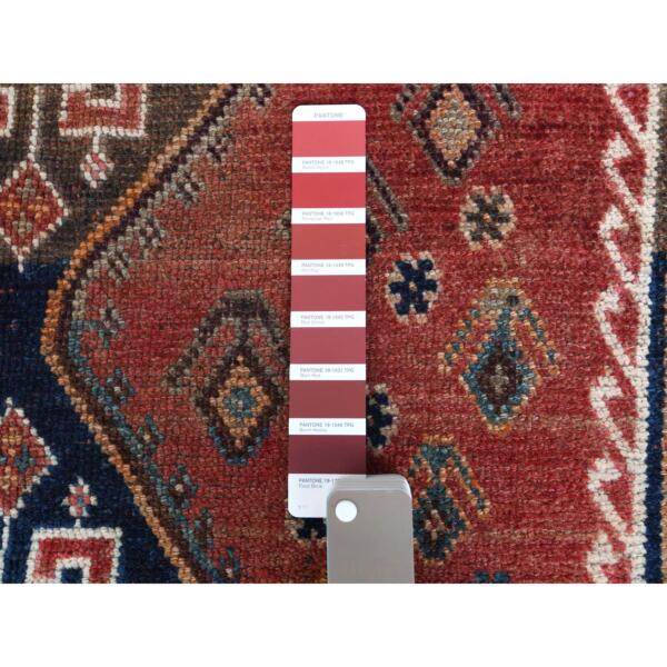 4'5"x6'9" Bohemian Red Old Persian Shiraz Cropped Down Geometric Design Hand Knotted Clean Oriental Rug  - 57829 - Image 5