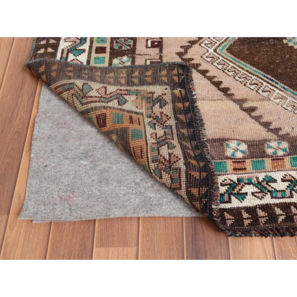 4'7"x7' Shades of Brown and Red Semi Antique Geometric Design Worn Down Distressed Hand Knotted Clean Persian Qashqai Oriental Rug  - 57830 - Image 4