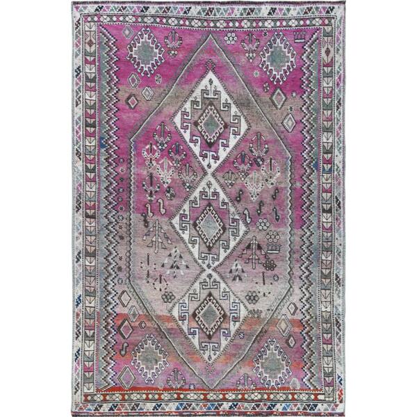 4'9"x7'2" Pink Hand Knotted Persian Shiraz Bohemian Cropped Thin Vintage Clean Organic Wool Oriental Rug  - 57837