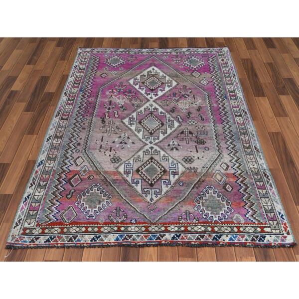 4'9"x7'2" Pink Hand Knotted Persian Shiraz Bohemian Cropped Thin Vintage Clean Organic Wool Oriental Rug  - 57837 - Image 3