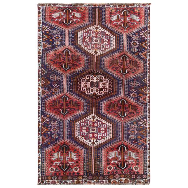 4'6"x7'2" Red Distressed Hand Knotted Persian Qashqai Vintage Worn Down Bohemian Clean Organic Wool Oriental Rug  - 57866