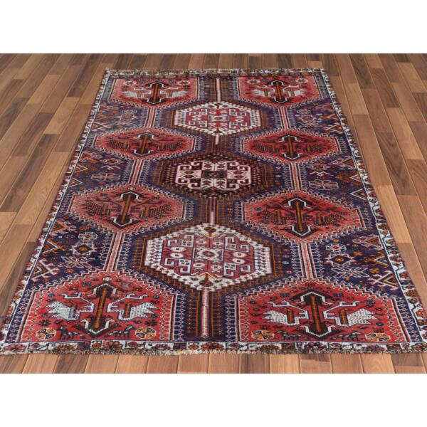 4'6"x7'2" Red Distressed Hand Knotted Persian Qashqai Vintage Worn Down Bohemian Clean Organic Wool Oriental Rug  - 57866 - Image 3