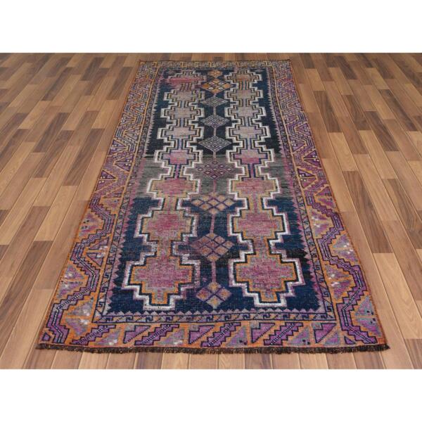 4'x9'3" Distressed Hand Knotted Navy Blue Persian Shiraz Vintage Worn Down Clean Pure Wool Bohemian Oriental Gallery Size Runner Rug  - 57887 - Image 3