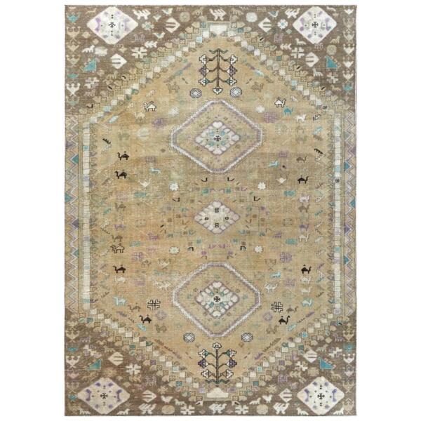 6'1"x9' Bohemian Persian Shiraz Pure Wool Beige Semi Antique Distressed Hand Knotted Clean Oriental Rug  - 57923