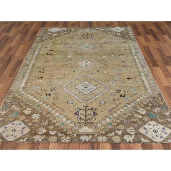 6'1"x9' Bohemian Persian Shiraz Pure Wool Beige Semi Antique Distressed Hand Knotted Clean Oriental Rug  - 57923 - Image 4