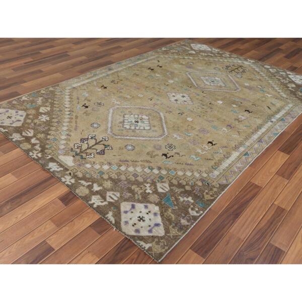 6'1"x9' Bohemian Persian Shiraz Pure Wool Beige Semi Antique Distressed Hand Knotted Clean Oriental Rug  - 57923 - Image 5