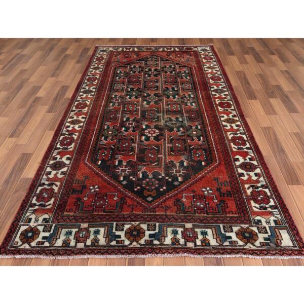 5'x9'10" Semi Antique Hand Knotted Red Persian Hamadan Sheared Low Clean Organic Wool Shabby Chic Gallery Size Runner Oriental Rug  - 57980 - Image 3