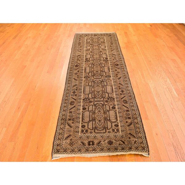 3'2"x9'6" Washed Out Afghan Baluch Pure Wool Runner with Earth Tones Hand Knotted Oriental Rug  - 59560 - Image 3