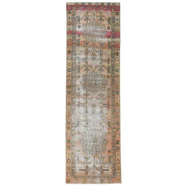 3'4"x10'8" Semi Antique Apricot And Peach Colors Persian Tabriz Abrash Worn Down Distressed Hand Knotted Organic Wool Oriental Runner Rug  - 60514