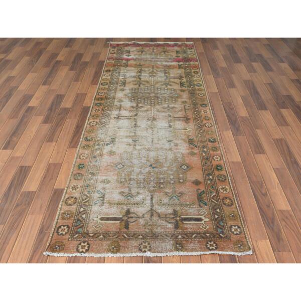 3'4"x10'8" Semi Antique Apricot And Peach Colors Persian Tabriz Abrash Worn Down Distressed Hand Knotted Organic Wool Oriental Runner Rug  - 60514 - Image 3