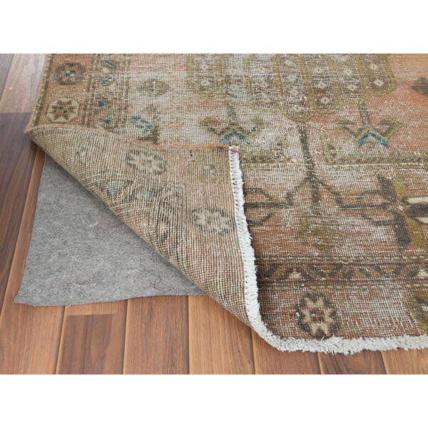 3'4"x10'8" Semi Antique Apricot And Peach Colors Persian Tabriz Abrash Worn Down Distressed Hand Knotted Organic Wool Oriental Runner Rug  - 60514 - Image 4